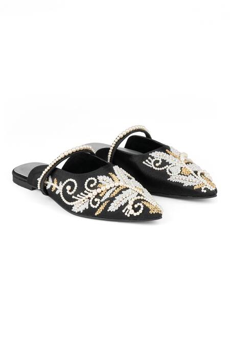 Shop_PEHRA_Black One Side Embroidered Flats _Online_at_Aza_Fashions