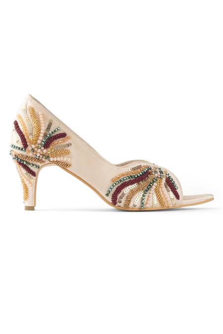 PEHRA_Beige Beads, Sequins Cutwork Beaded Stiletto Heels _Online_at_Aza_Fashions