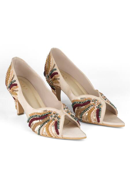 Buy_PEHRA_Beige Beads, Sequins Cutwork Beaded Stiletto Heels _Online_at_Aza_Fashions