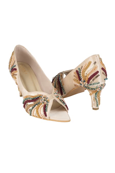 PEHRA Beige Beads, Sequins Cutwork Beaded Stiletto Heels