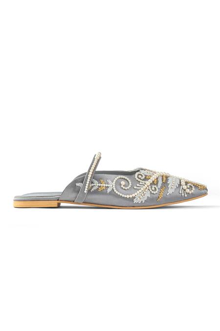 PEHRA_Gray One Side Embroidered Flats With Pearl Strap _Online_at_Aza_Fashions