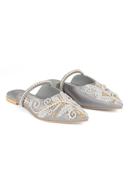 Buy_PEHRA_Gray One Side Embroidered Flats With Pearl Strap _Online_at_Aza_Fashions