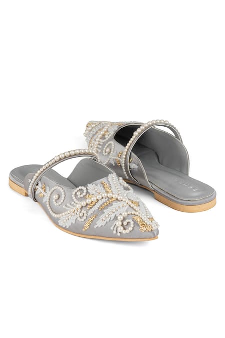 PEHRA Gray One Side Embroidered Flats With Pearl Strap