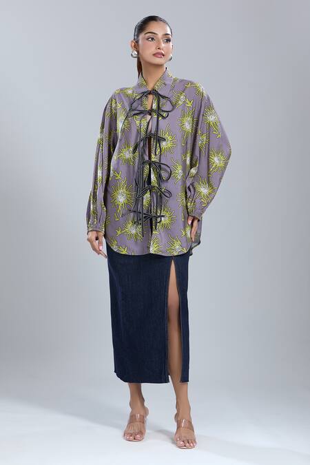 Buy_Dhruv Kapoor_Multi Color Collared Luminous Tie-up Shirt_Online_at_Aza_Fashions