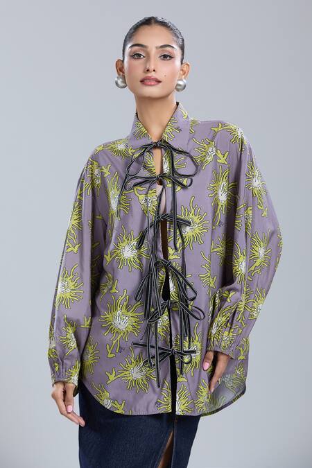 Shop_Dhruv Kapoor_Multi Color Collared Luminous Tie-up Shirt_Online_at_Aza_Fashions