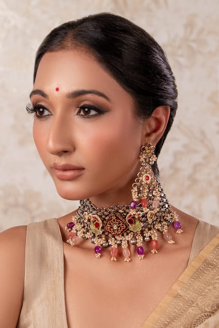 Anana Mauve Beads Multicoloured Two Tone Choker And Earrings Set