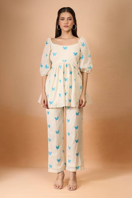 Naintara Bajaj Off White Cotton Embroidery Round Neck Monarch Butterfly Pant Co-ord Set Online at Aza Fashions Naintara Bajaj_Off White Cotton Embroidery Round Neck Monarch Butterfly Pant Co-ord Set _Online_at_Aza_Fashions