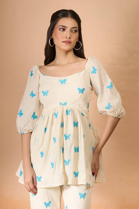Buy Naintara Bajaj Off White Cotton Embroidery Round Neck Monarch Butterfly Pant Co-ord Set Online at Aza Fashions Buy_Naintara Bajaj_Off White Cotton Embroidery Round Neck Monarch Butterfly Pant Co-ord Set _Online_at_Aza_Fashions