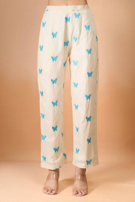 Naintara Bajaj Off White Cotton Embroidery Round Neck Monarch Butterfly Pant Co-ord Set at Aza Fashions Naintara Bajaj_Off White Cotton Embroidery Round Neck Monarch Butterfly Pant Co-ord Set _at_Aza_Fashions