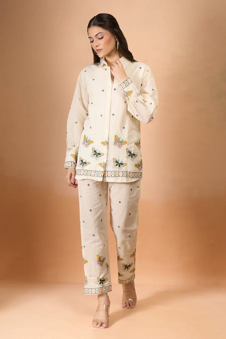 Buy Samyukta Singhania Off White Cotton Embroidery Collared Butterfly Co-ord Set Online at Aza Fashions Buy_Samyukta Singhania_Off White Cotton Embroidery Collared Butterfly Co-ord Set _Online_at_Aza_Fashions
