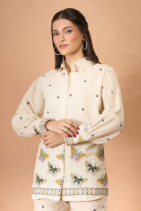Buy Samyukta Singhania Off White Cotton Embroidery Collared Butterfly Co-ord Set Buy_Samyukta Singhania_Off White Cotton Embroidery Collared Butterfly Co-ord Set