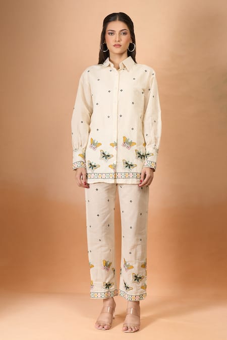 Shop Samyukta Singhania Off White Cotton Embroidery Collared Butterfly Co-ord Set Shop_Samyukta Singhania_Off White Cotton Embroidery Collared Butterfly Co-ord Set