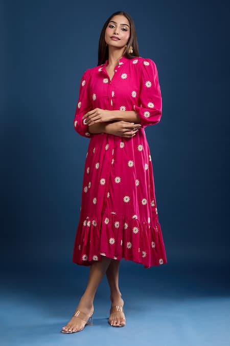Buy_Samyukta Singhania_Pink Cotton Embroidery Collared Dress _Online_at_Aza_Fashions
