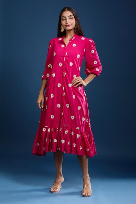 Shop_Samyukta Singhania_Pink Cotton Embroidery Collared Dress _Online_at_Aza_Fashions