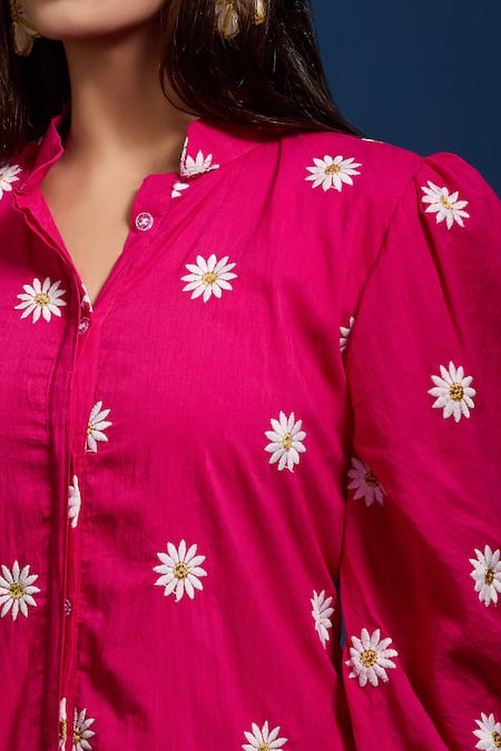 Samyukta Singhania_Pink Cotton Embroidery Collared Dress _at_Aza_Fashions