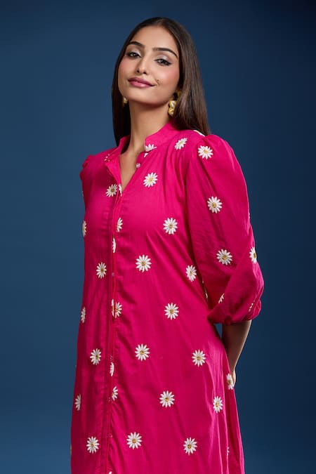 Buy_Samyukta Singhania_Pink Cotton Embroidery Collared Dress 