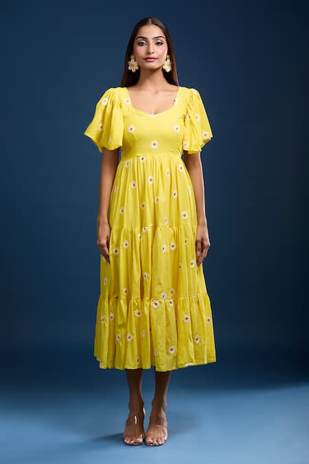 Samyukta Singhania_Yellow Cotton Embroidery Square Neck Tiered Dress _Online_at_Aza_Fashions