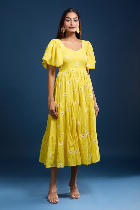 Buy_Samyukta Singhania_Yellow Cotton Embroidery Square Neck Tiered Dress _Online_at_Aza_Fashions