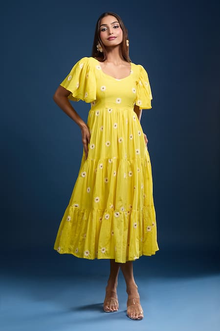 Shop_Samyukta Singhania_Yellow Cotton Embroidery Square Neck Tiered Dress _Online_at_Aza_Fashions