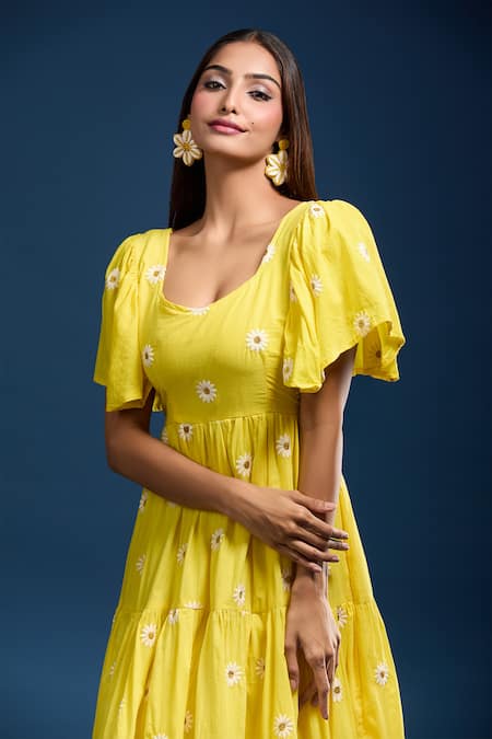 Samyukta Singhania_Yellow Cotton Embroidery Square Neck Tiered Dress _at_Aza_Fashions