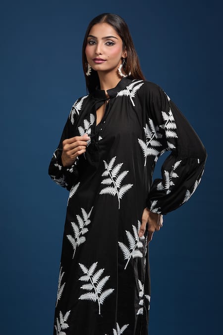 Samyukta Singhania_Black Cotton Embroidery Mandarin Collar Dress _Online_at_Aza_Fashions