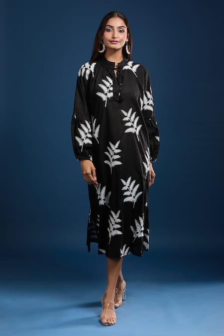 Buy_Samyukta Singhania_Black Cotton Embroidery Mandarin Collar Dress _Online_at_Aza_Fashions