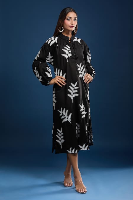 Samyukta Singhania_Black Cotton Embroidery Mandarin Collar Dress _at_Aza_Fashions