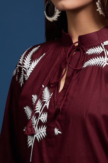 Samyukta Singhania_Maroon Cotton Embroidery Round Neck Dress _Online_at_Aza_Fashions