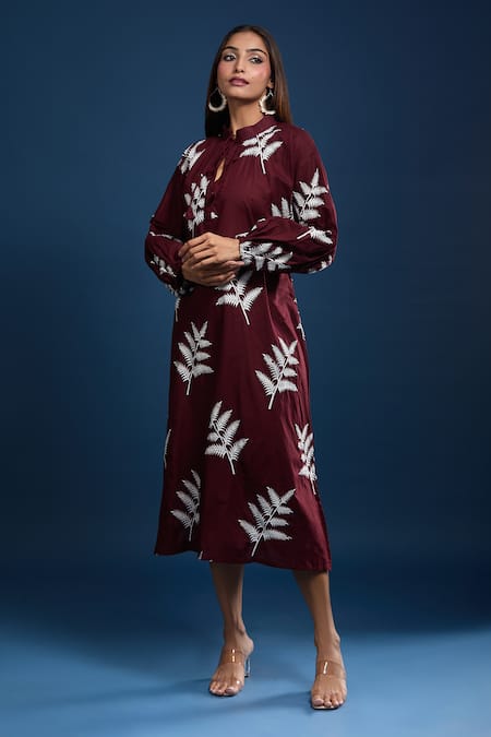 Buy_Samyukta Singhania_Maroon Cotton Embroidery Round Neck Dress _Online_at_Aza_Fashions