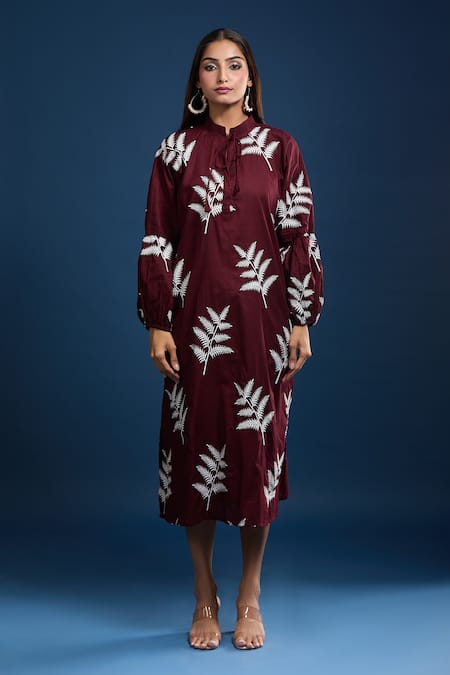 Shop_Samyukta Singhania_Maroon Cotton Embroidery Round Neck Dress _Online_at_Aza_Fashions