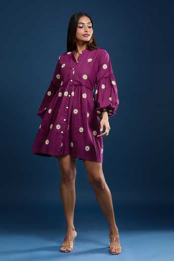 Shop Samyukta Singhania Purple Cotton Embroidery Round Neck Jam Floral Dress Online at Aza Fashions Shop_Samyukta Singhania_Purple Cotton Embroidery Round Neck Jam Floral Dress _Online_at_Aza_Fashions