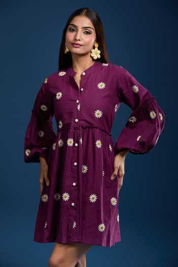 Buy Samyukta Singhania Purple Cotton Embroidery Round Neck Jam Floral Dress Buy_Samyukta Singhania_Purple Cotton Embroidery Round Neck Jam Floral Dress
