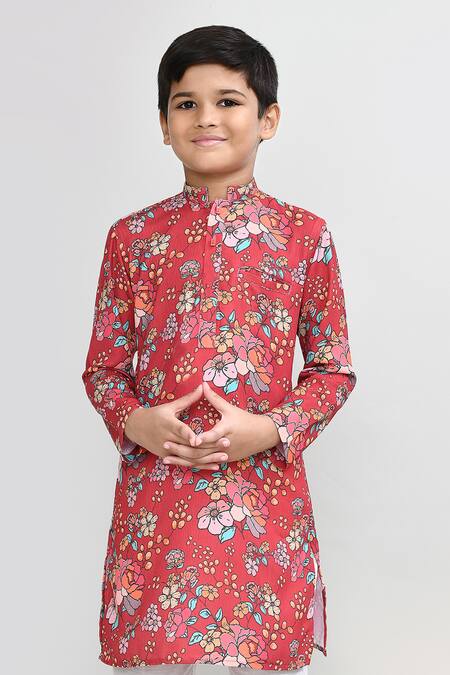 Petite Pomme Red Cotton, Silk Printed Kurta And White Pant Set at Aza Fashions Petite Pomme_Red Cotton, Silk Printed Kurta And White Pant Set _at_Aza_Fashions