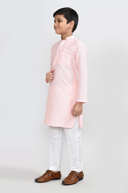 Petite Pomme_Peach Cotton, Silk Embroidery Geometric Kurta And White Pant Set _Online_at_Aza_Fashions