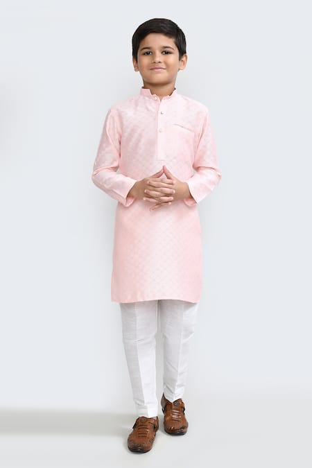 Shop_Petite Pomme_Peach Cotton, Silk Embroidery Geometric Kurta And White Pant Set _Online_at_Aza_Fashions