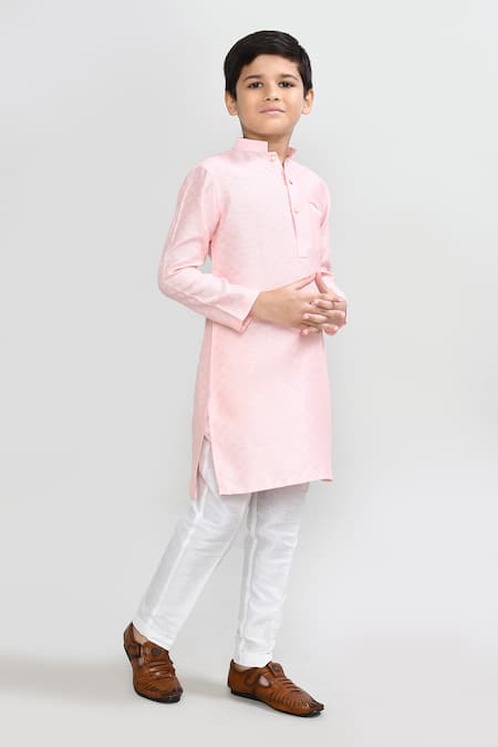 Petite Pomme_Peach Cotton, Silk Embroidery Geometric Kurta And White Pant Set _at_Aza_Fashions