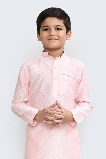 Buy Petite Pomme Peach Cotton, Silk Embroidery Geometric Kurta And White Pant Set Buy_Petite Pomme_Peach Cotton, Silk Embroidery Geometric Kurta And White Pant Set