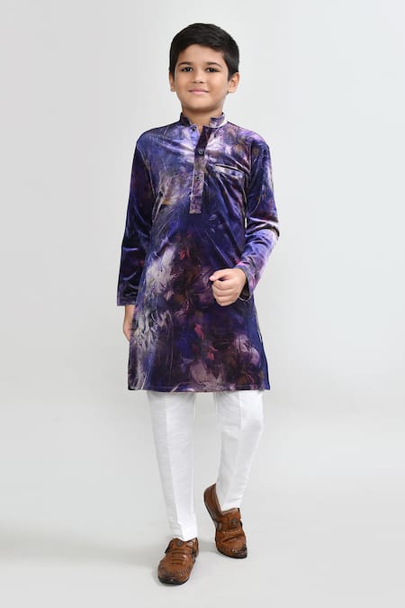 Petite Pomme Purple Velvet, Silk Kurta And White Pant Set 