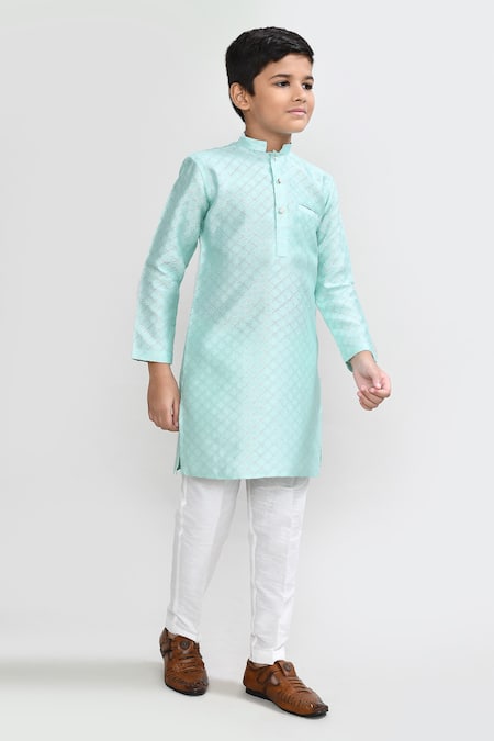 Shop_Petite Pomme_Green Cotton, Silk Embroidery Pastel Geometric Kurta And Pant Set _Online_at_Aza_Fashions