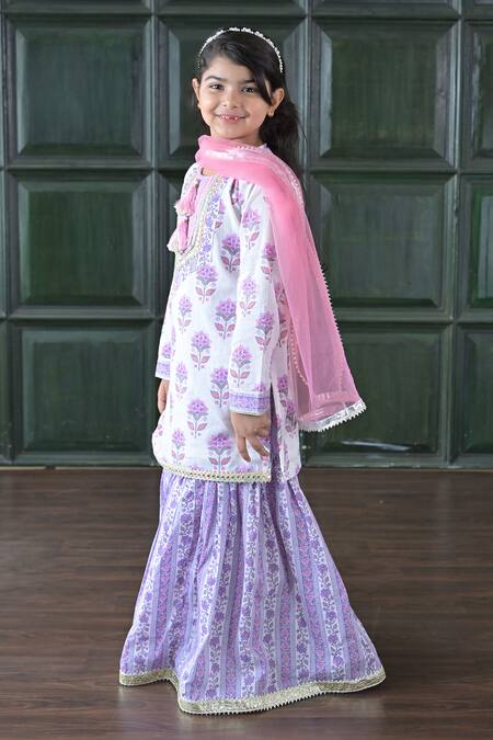 The Plum Bum_White Cotton, Net Gota Patti Purple Floral Sharara Set _Online_at_Aza_Fashions