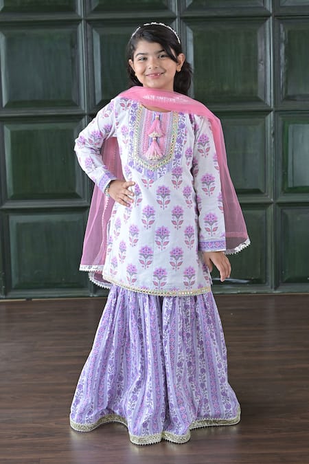 The Plum Bum White Cotton, Net Gota Patti Purple Floral Sharara Set 