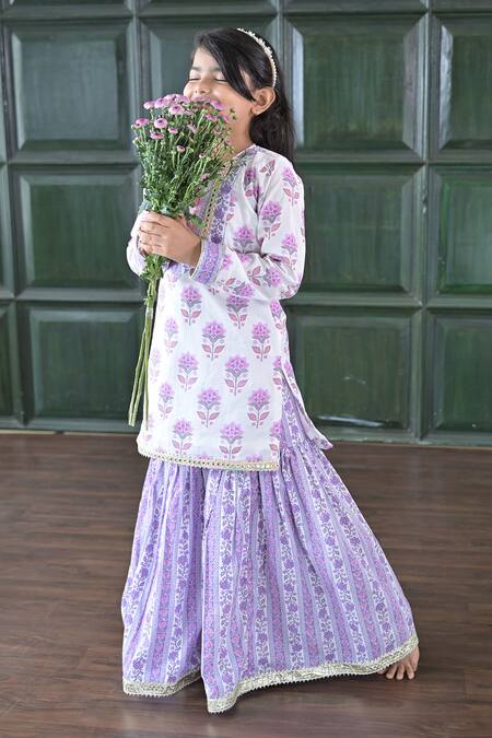 Buy_The Plum Bum_White Cotton, Net Gota Patti Purple Floral Sharara Set _Online_at_Aza_Fashions
