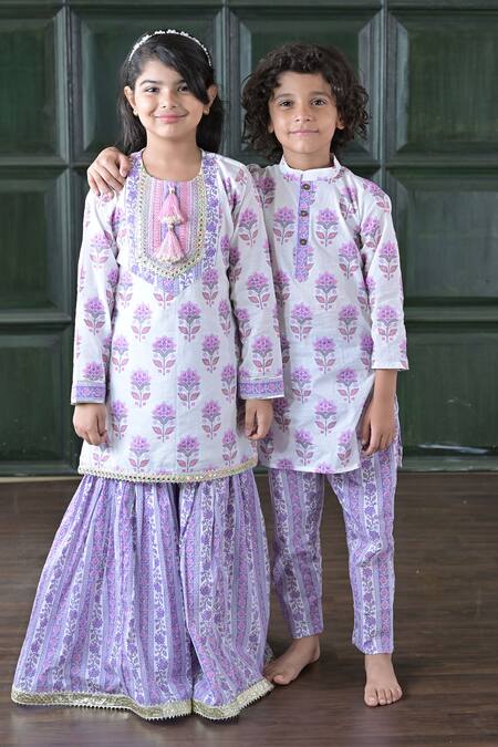 Shop_The Plum Bum_White Cotton, Net Gota Patti Purple Floral Sharara Set _Online_at_Aza_Fashions