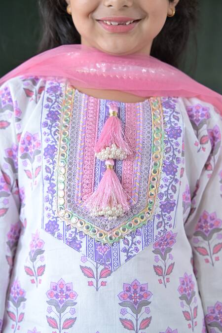 The Plum Bum_White Cotton, Net Gota Patti Purple Floral Sharara Set _at_Aza_Fashions