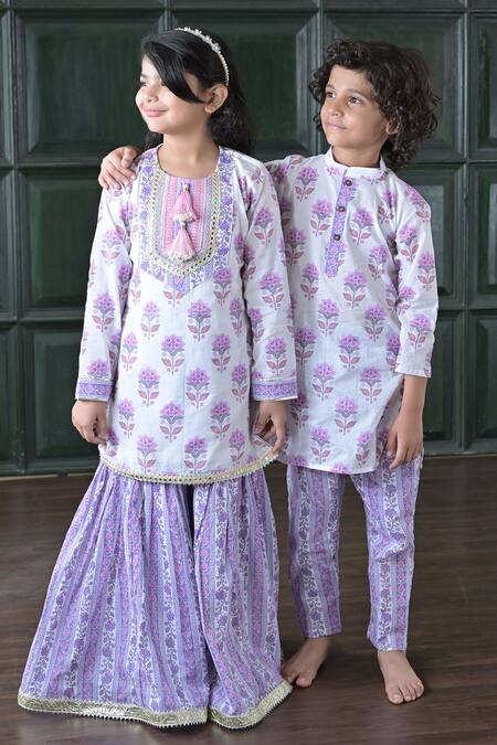 Buy_The Plum Bum_White Cotton, Net Gota Patti Purple Floral Sharara Set 