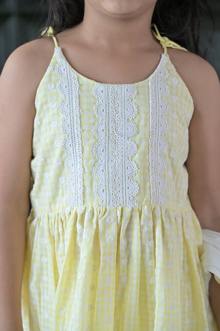 The Plum Bum_Yellow Cotton Embroidery Gingham Check Sharara Set _Online_at_Aza_Fashions