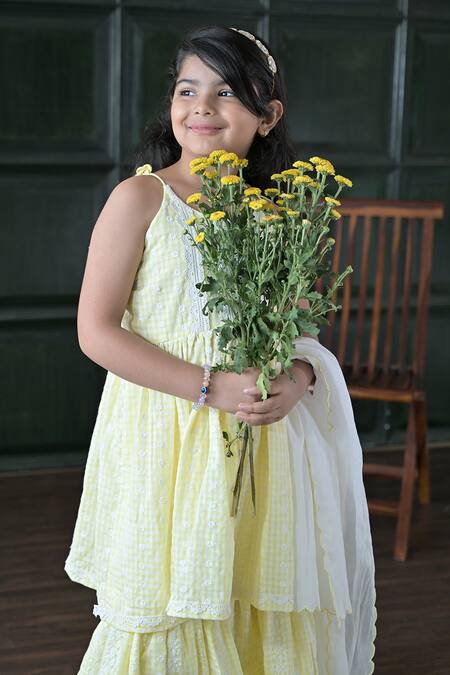 Buy_The Plum Bum_Yellow Cotton Embroidery Gingham Check Sharara Set _Online_at_Aza_Fashions