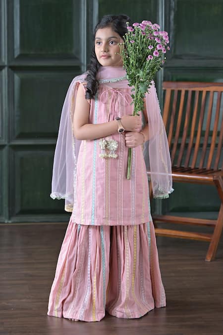 The Plum Bum_Pink Cotton, Net Embroidery Dusty Sharara Set _Online_at_Aza_Fashions