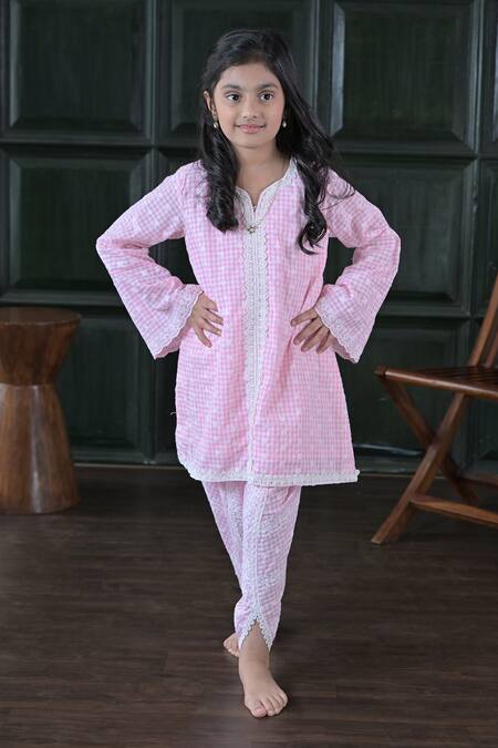 The Plum Bum_Pink Cotton Lace Gingham Check Kurta Set _at_Aza_Fashions
