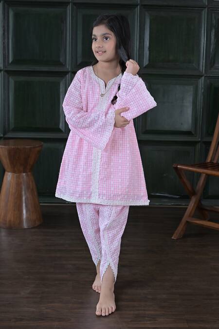 Buy_The Plum Bum_Pink Cotton Lace Gingham Check Kurta Set 